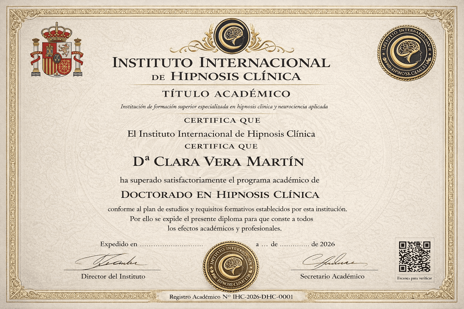 Diploma del Instituto Internacional de Hipnosis Clínica