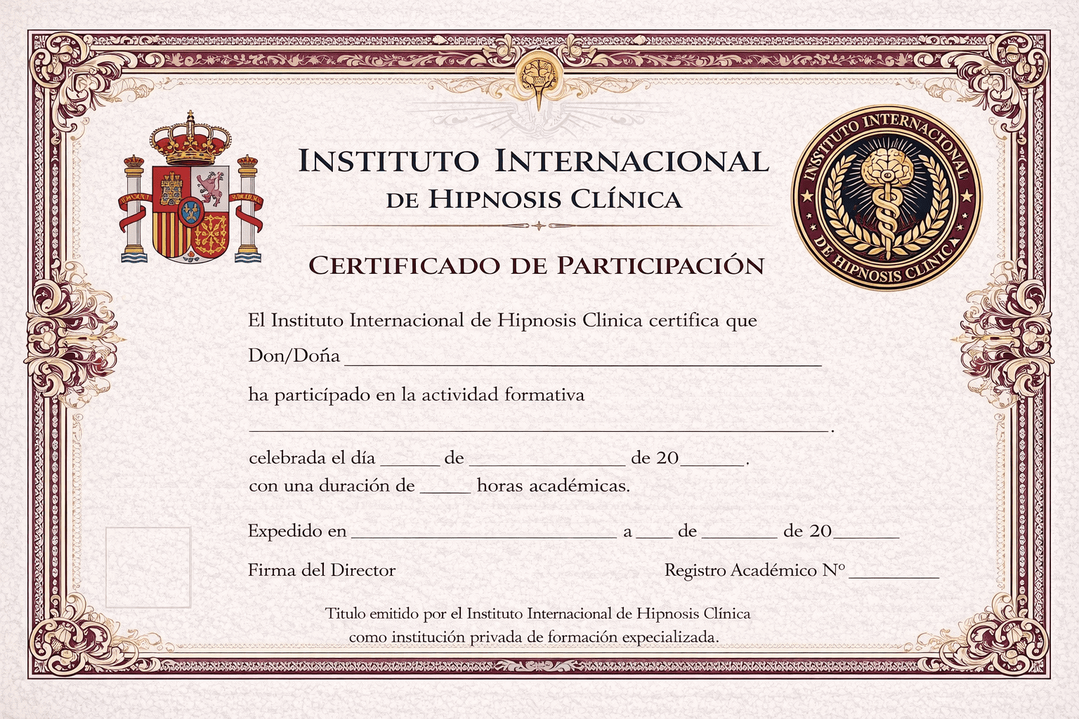 Diploma de certificación en hipnosis clínica del Instituto Internacional de Hipnosis Clínica