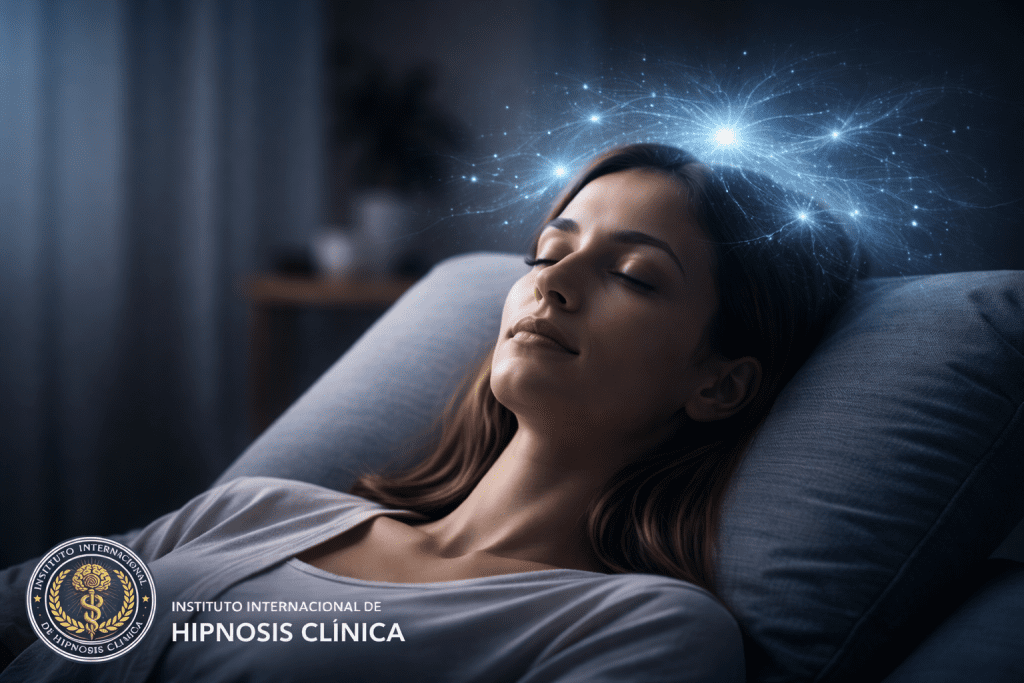 mujer en estado de hipnosis clínica relajada con actividad cerebral representada visualmente