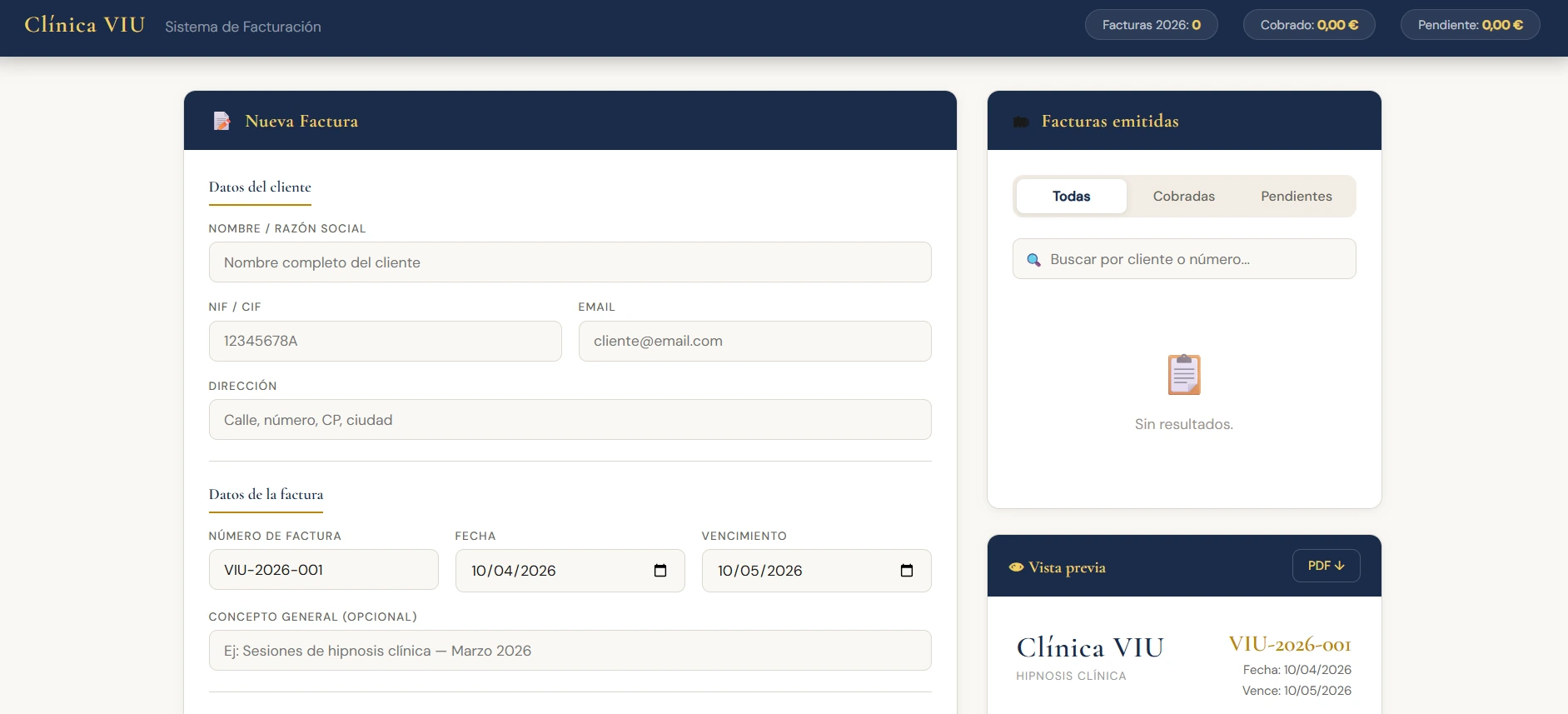 App de facturación del Instituto Internacional de Hipnosis Clínica