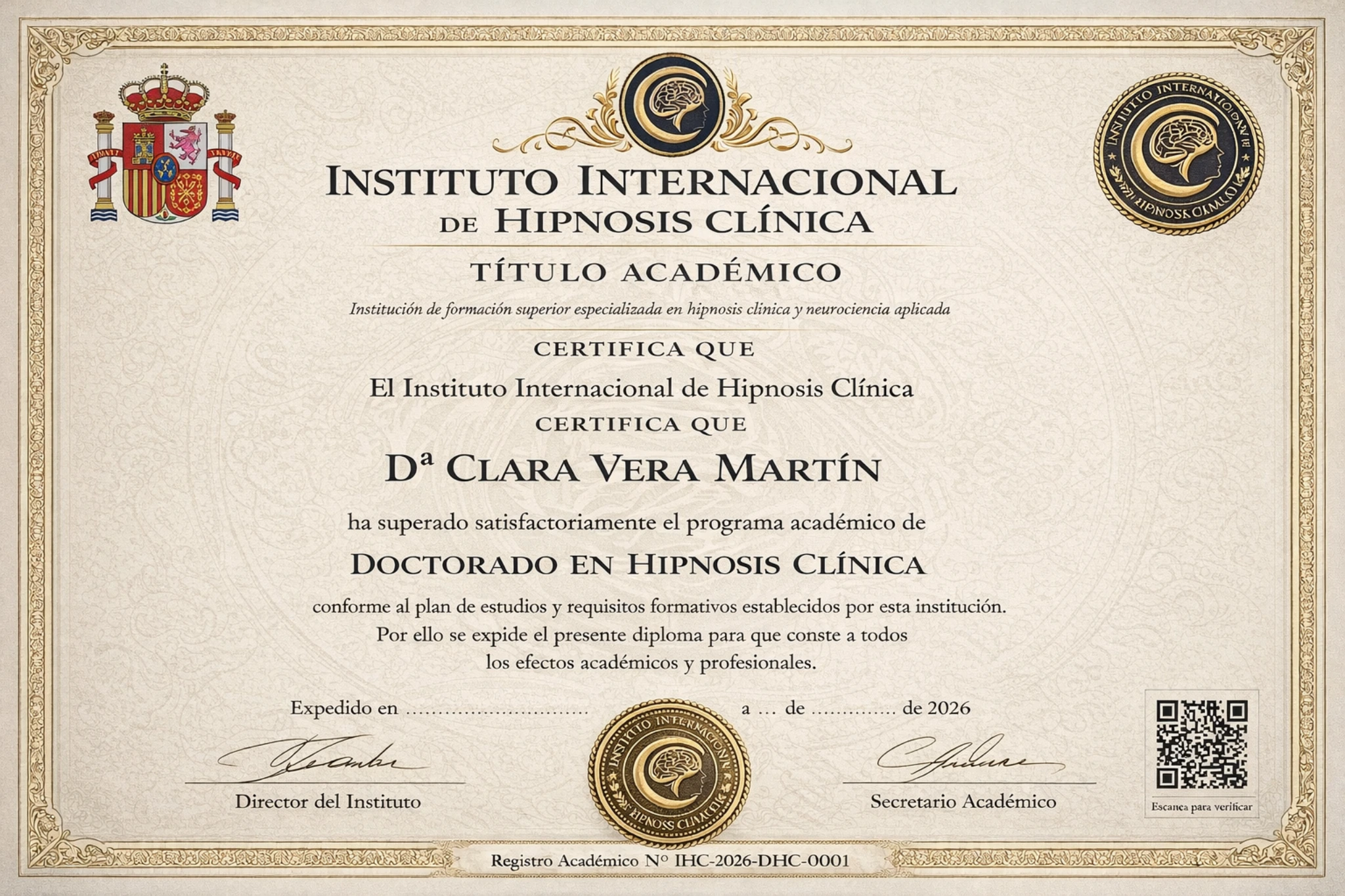 Diploma académico del Instituto Internacional de Hipnosis Clínica