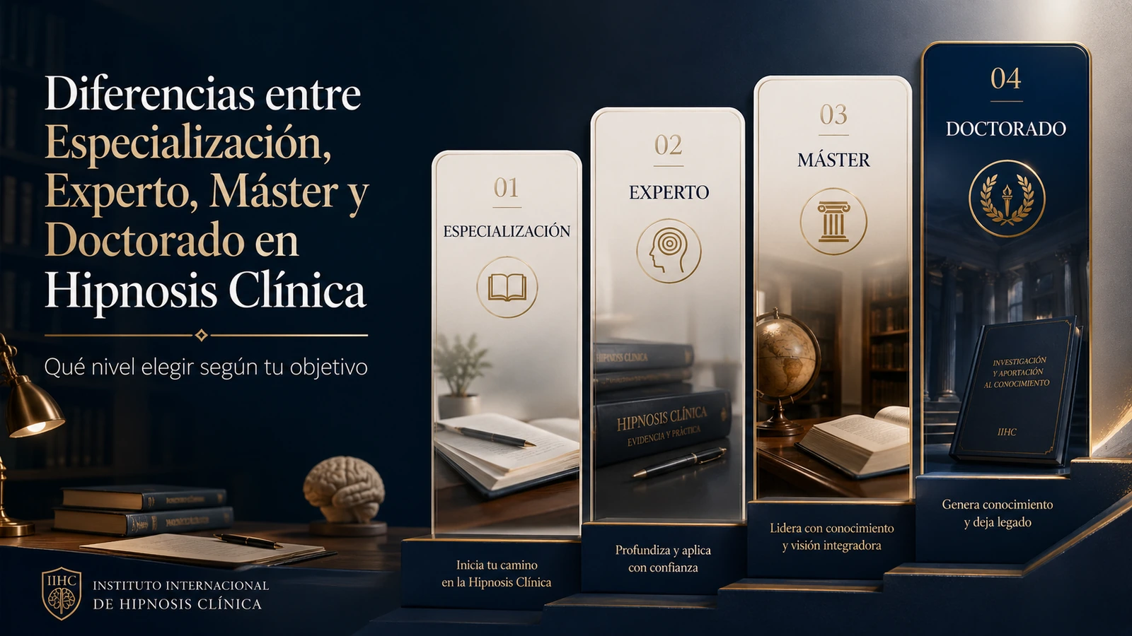 Programas de hipnosis clínica con diferencias entre Especialización, Experto, Máster y Doctorado para elegir el nivel adecuado